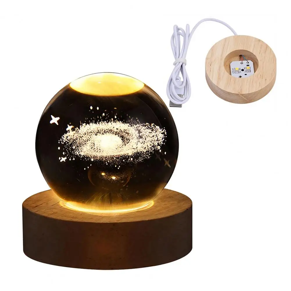 Led Night Lamp 3d Engraved Milky Way System Ball Night Light with Wooden Base Usb Plug-play or Charging Bedside Lamp for Desktop