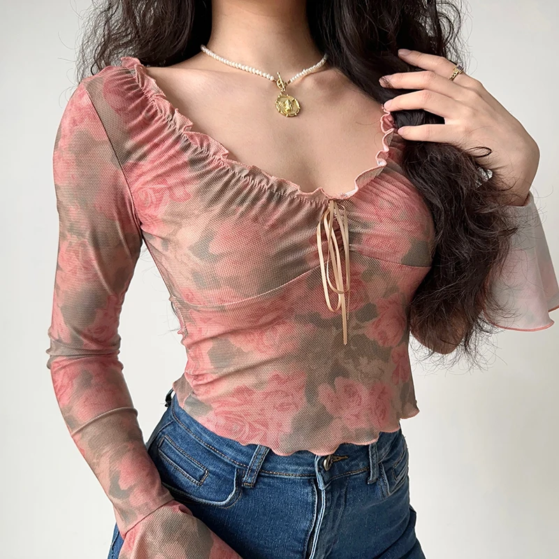 HELIAR Women Ruffles Floral Printed T-shirt Lace Up Flare Sleeve Sweet Elegant Blouse Girl Office Crop Top Beach Tee Autumn