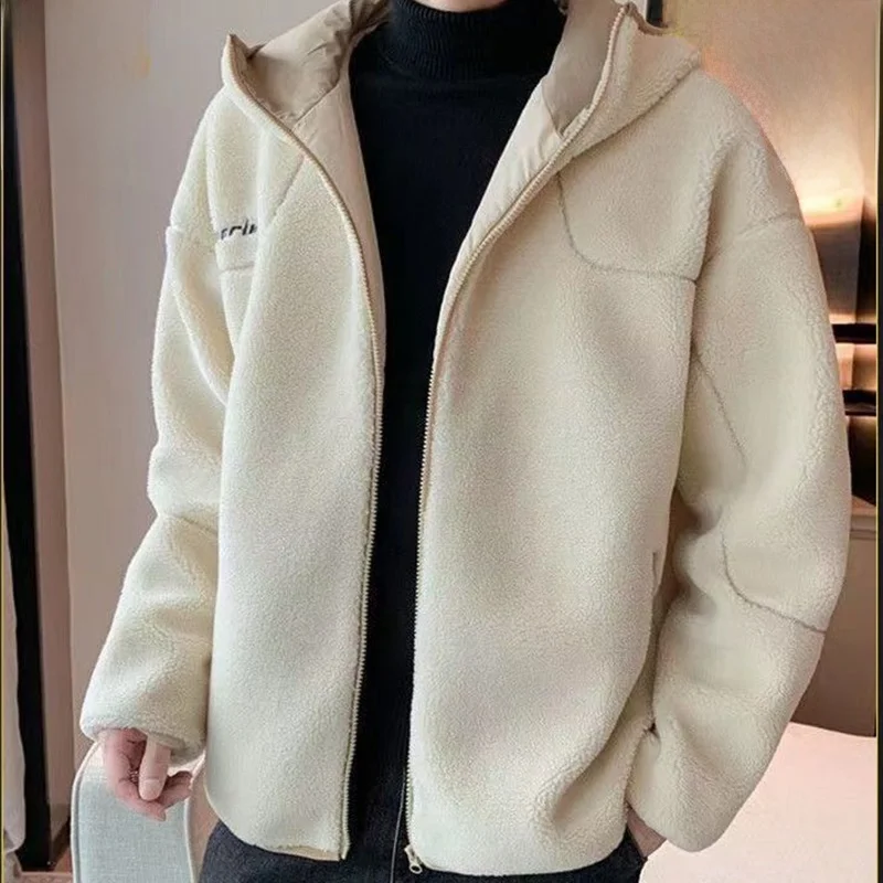 

Lamb Fur Cotton Jaet Men's Thiened Particle Floing Winter Coat Hooded Zipper Decorated Long Sle Casual Wear