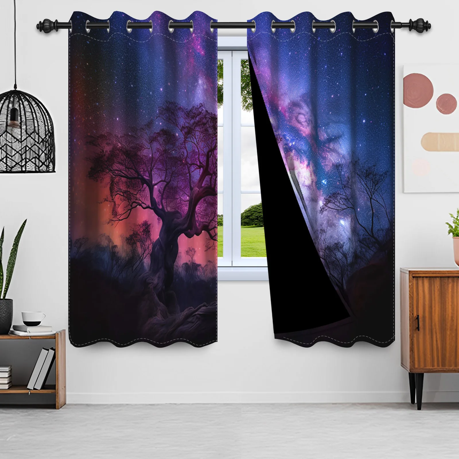 2pcs Dreamy Starry Sky Printed Curtain Galaxy Aurora Cosmic Starry Night kids Bedroom Living Room Study Decor Blackout Curtain