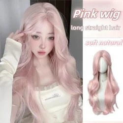 Parrucca rosa per donna Parrucche cosplay ondulate lunghe Parrucca sintetica dolce naturale morbida per l'uso quotidiano Parrucca Lolita per la vita scolastica Rosa