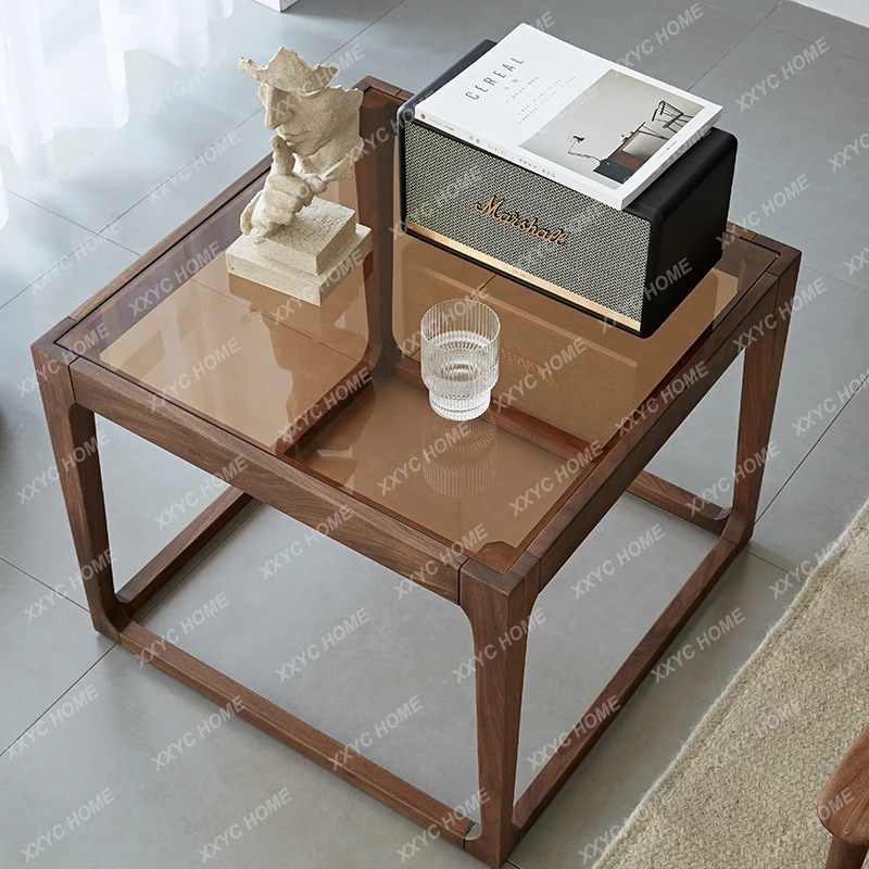 JJNordic Black Walnut Solid Wood Edge Table, Simple Modern Tempered Glass Rectangular Coffee Table