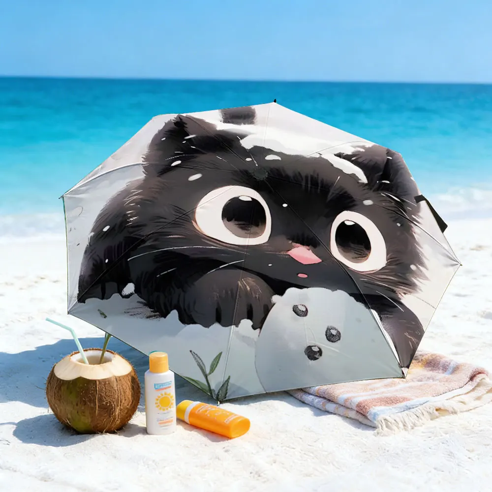 1PC Adorable Cat Design Umbrella by a Lakeside Picnic Scene Print 8 Iron Ribs Folding Umbrella Auto-Open Fashion Sunshade