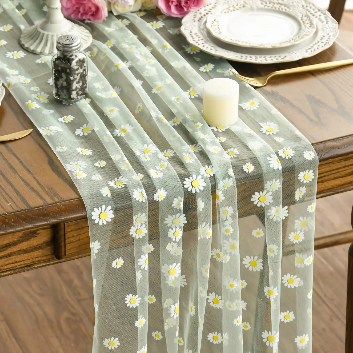 

Daisy Gauze Table Runner Whidth 59 Inch, Seasonal Sheer Chiffon Cheesecloth Dining Holiday Birthday Table Decor for Home Party