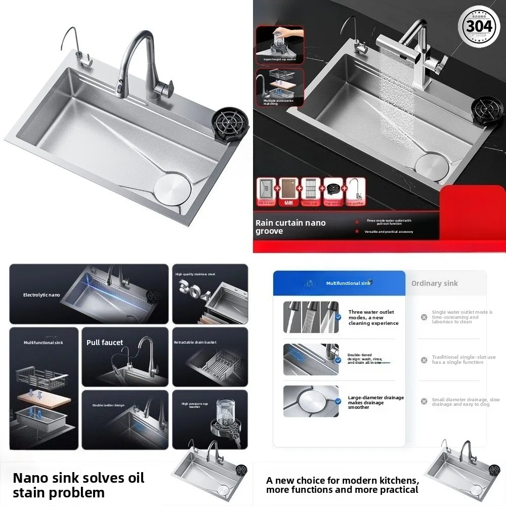 

large single sink kitchen dishwashing dish sink thickened nano 304 stainless steel sink pulling faucet