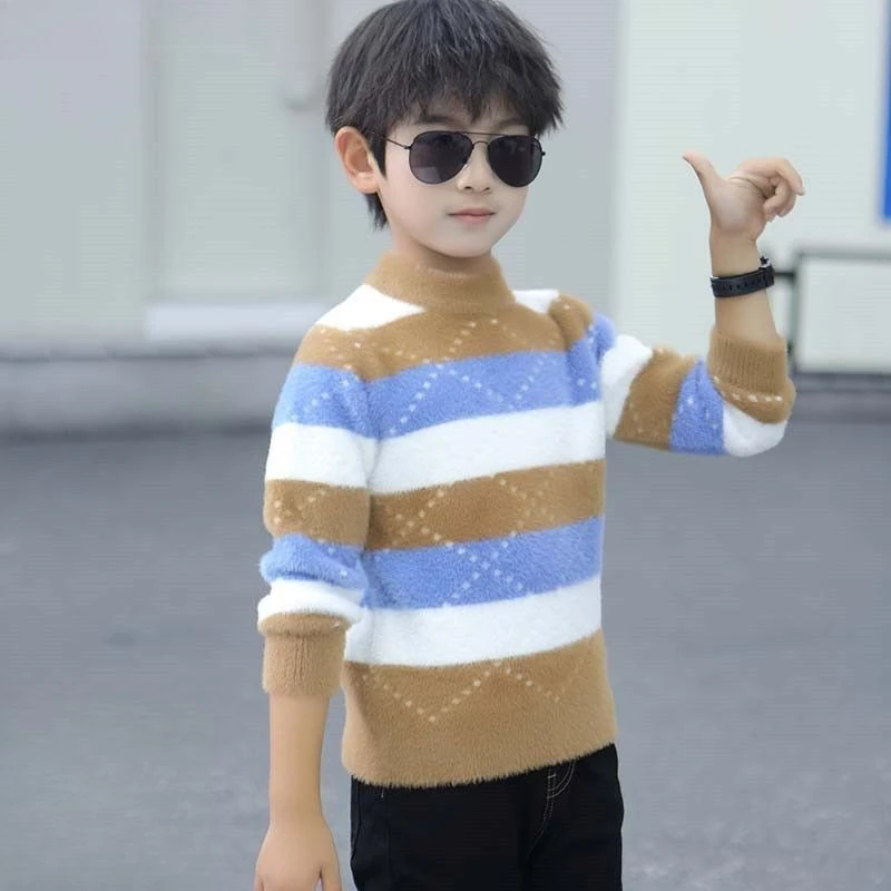 

Boy's Mink Cashmere Striped Sweater Autumn Winter 2025 Thickened Fleece-Lined Hot Sale Stylish Versatile Knitwear