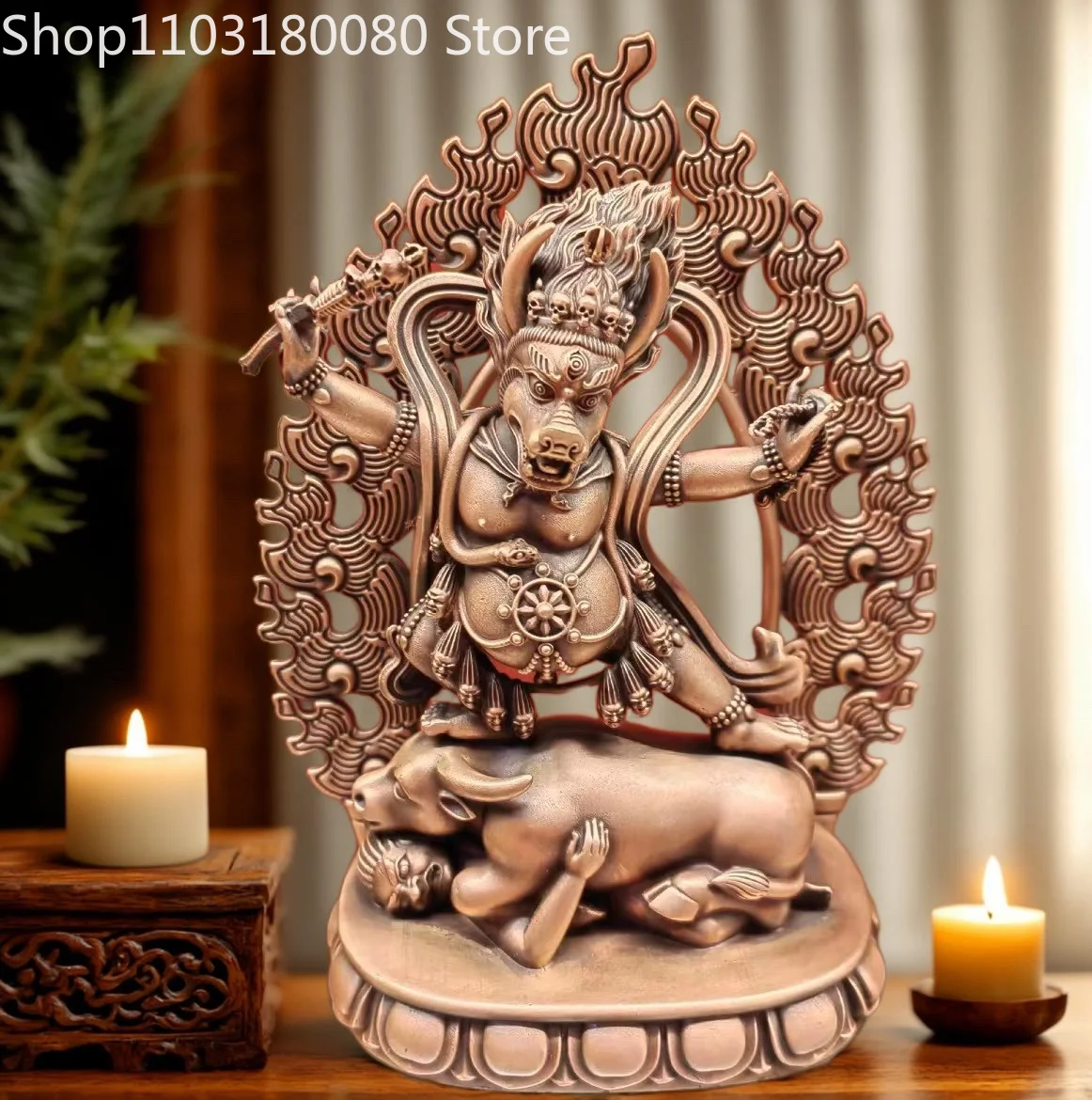 Red Copper Carved Yama Dharmapala Statue Hand Carved Tibetan Buddhist Protector Deity Figure Yama Dharmaraja Sculpture Altar