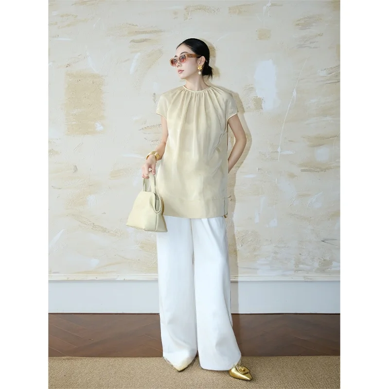 

Mannala Summer Acetate Linen ort Sve round Ne Top with Bone Buttons Light Active Lifesle Women's irt Q28