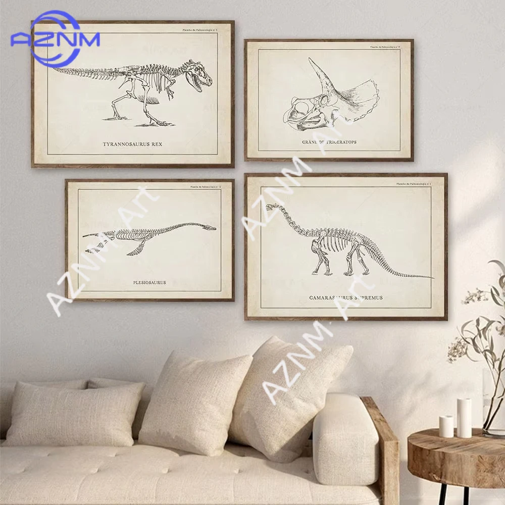 1PC ，Vintage Dinosaur Skeleton Paleontology Wall Art Canvas Painting Nordic Posters And Prints Wall Pictures For Boy Kids Room