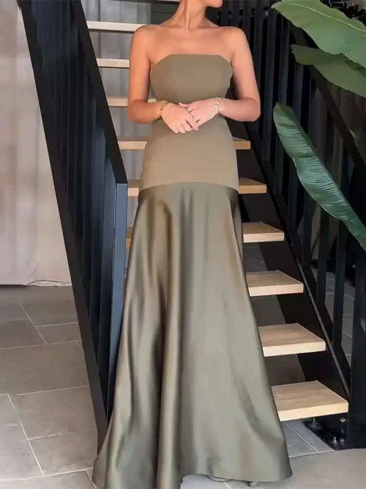 2025 Loungewear Strapless Patchwork Party Women Summer Sleeveless Chic Simple Maxi Dress, Backless Elegant Ladies Dress