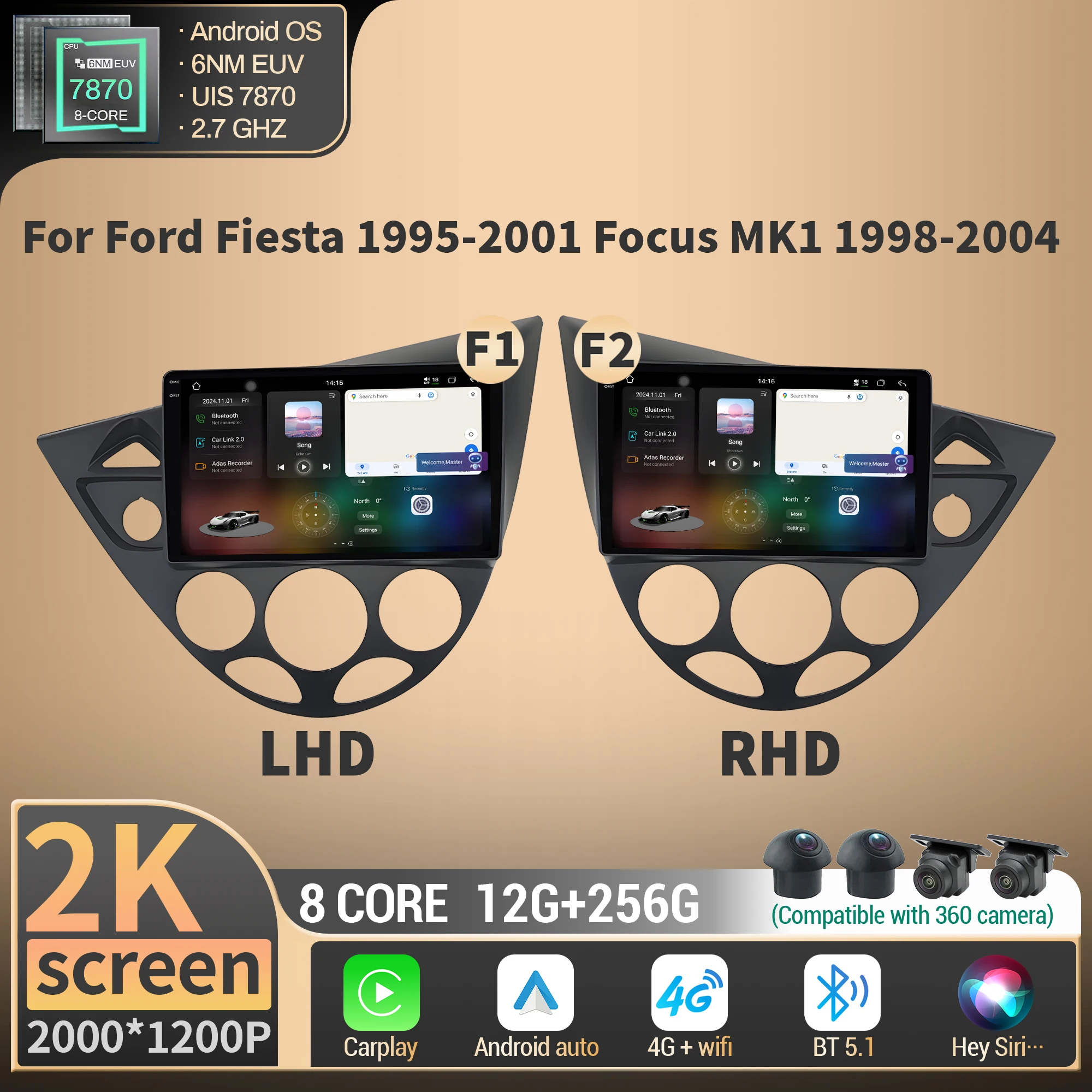 

For Ford Fiesta 1995-2001 Focus MK1 1998-2004 Car Radio Multimedia 4G GPS Android Wireless BT CarPlay CPU 7870 2K QLED Screen