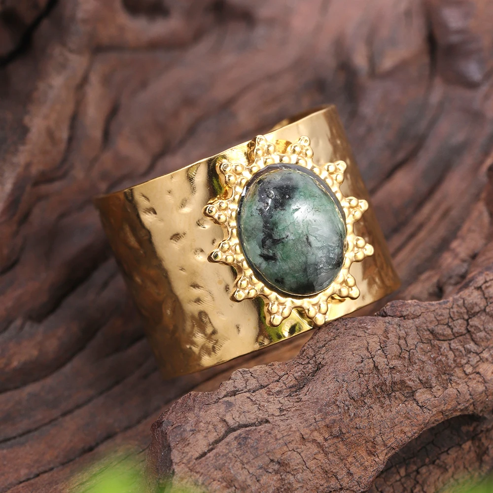 Fashion Geometric Wide Stainless Steel Rings for Women Accessories New Trendy Green Resin Gold Color Open Ring Party Jewelry