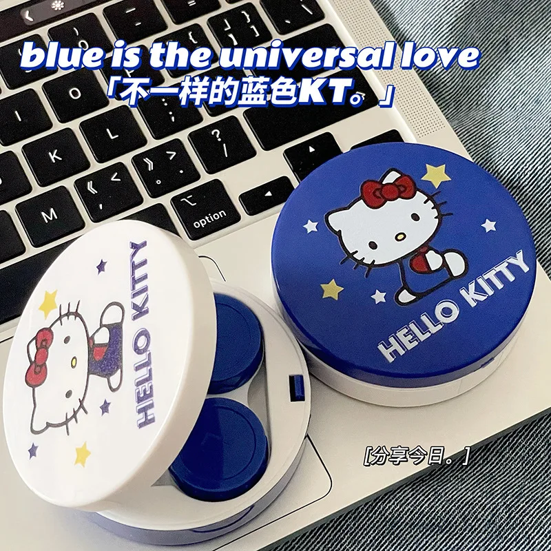

Коробка для контактных линз Sanrio, синий круг, милый мультфильм «Hello Kitty», портативная коробка для ухода за контактными линзами, зеркало, подарок для девочки