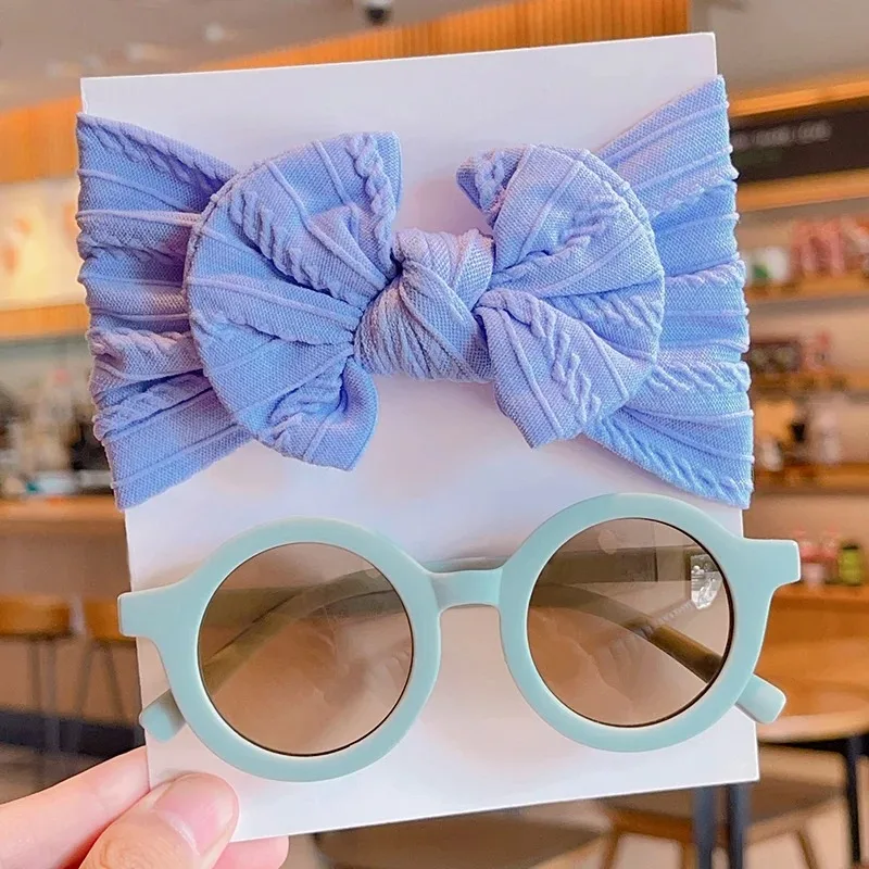 2 Teile/satz Neue Kinder Nette Farben Weiche Bowknot Breite Haarbänder Mode Runde Blume UV400 Sonnenbrille Set Kinder Haar Zubehör – Detail 9
