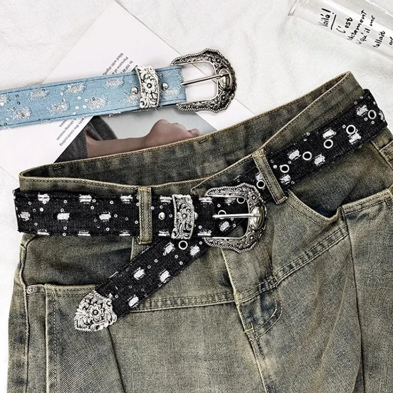 Sabuk Lebar Vintage Y2K untuk Wanita, Sabuk Kulit Denim Berongga Retro Punk untuk Gaun Rok, Aksesoris Fashion