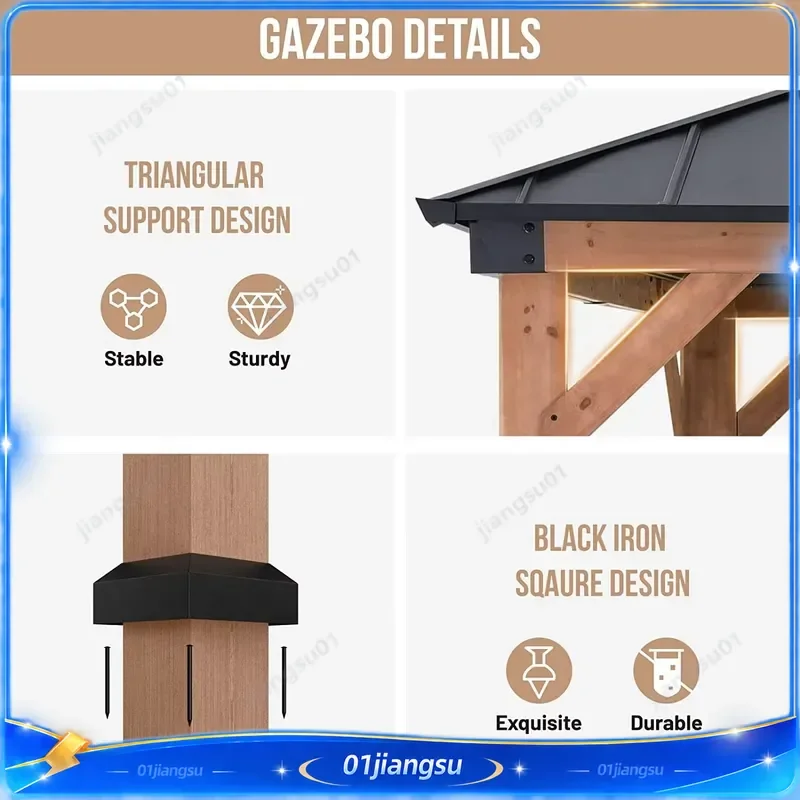 11x11ft Wooden Pergola Gazebo Cedar Frame Outdoor Pavilion Arbour Waterproof Garden Canopy Shade Structure Backyard Decor