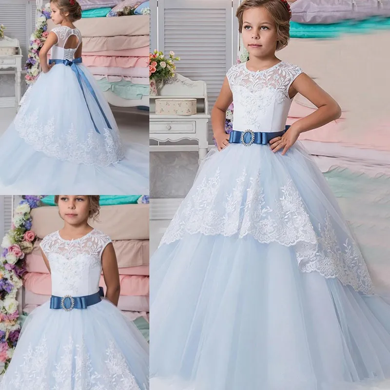 

Simple Fluffy Flower Girl Dress Lace Tulle Sleeveless Bow Belt First Communion Birthday Wedding Party Pageant Dresses Princess