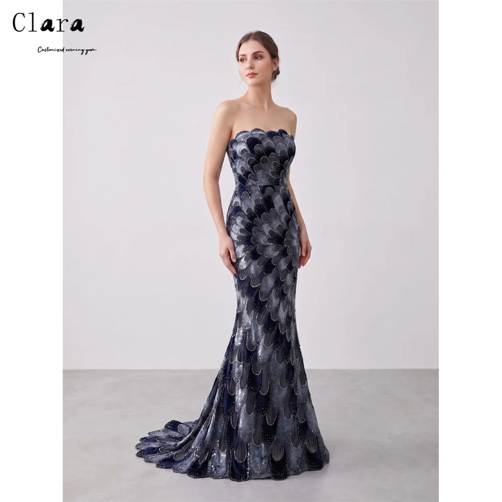 Clara Custom Fishtail Blue Embroidered Tube Top Curved Elegant Party Dresses 2026 Luxurious Party Dress Evening Dress for Event