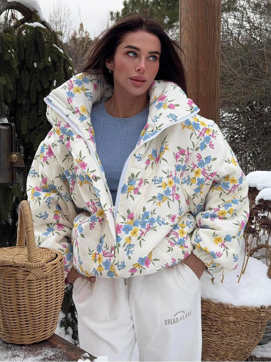 Fashion Thicken Women Puffer Jacket Oversize Stand Up Collar Zipper Floral Print Warm Cotton Filled Coat Autumn Winter