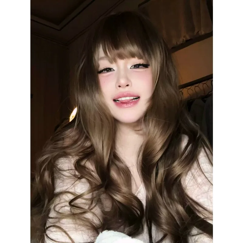 86cm Honey Brown Long Wavy Synthetic Wig with Bangs High Temperature Fiber Curly Wig for Daily Cosplay Party Hair Accessory