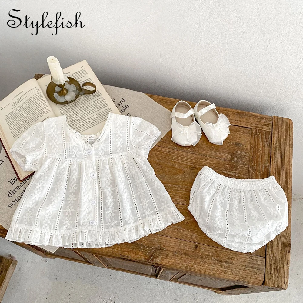 Summer New Baby Girl Cute Lace Embroidered Solid Countryside, Cute, Trendy Short sleeved Top+Triangle Pants Set