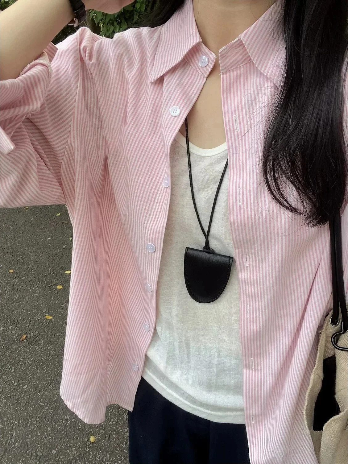 Pink Striped Long Sleeve Thin Shirt Women's Spring Autumn Casual Loose Fit Couple's Open Cardigan Style Polyester Fabric