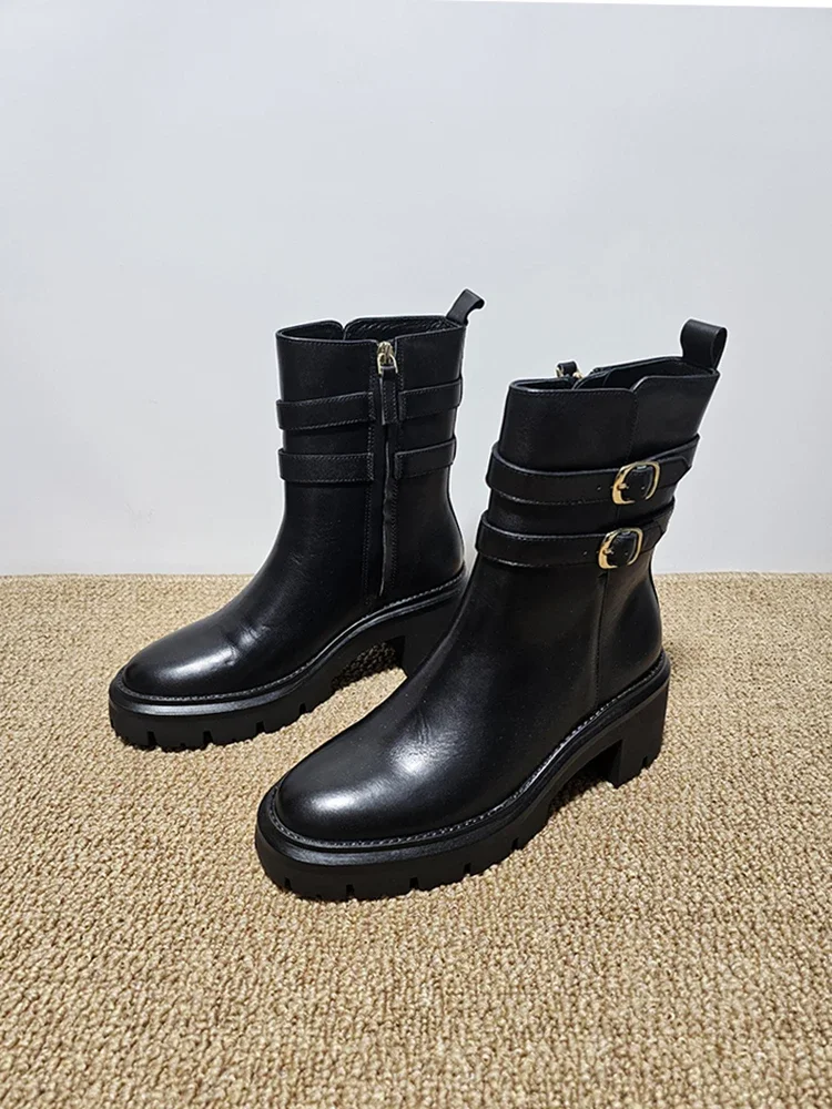 2024 New Fashion Chunky High Heels Women\'s Boots Casual Party Woman Shoes Black Boots Winter Zipper Leather Short Boots