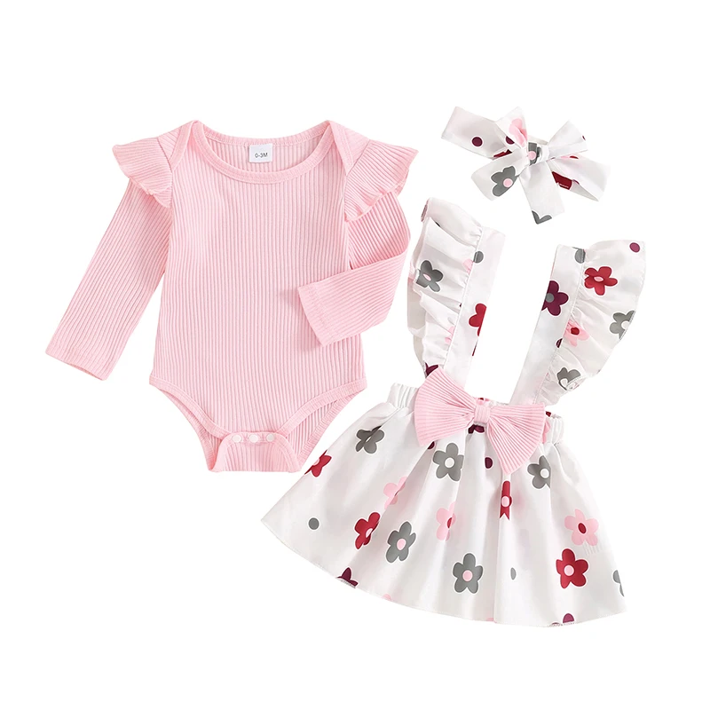 

Baby Girls Fall Outfits Long Sleeve Ribbed Romper Bow Suspender Skirt Headband Set Newborn Clothes