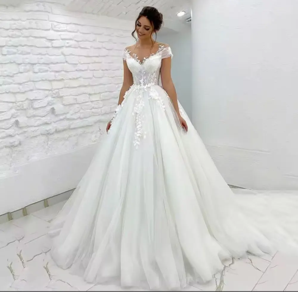 SZYS-815 # Trouwjurk 2025, nieuwe bruidsbruiloft, premium textuur, luxe op maat gemaakte pailletten, korte mouwen, V-hals, grote maten baljurk