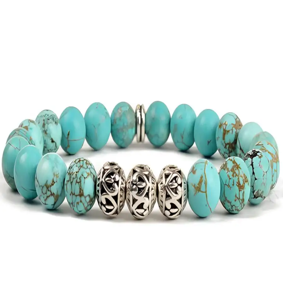 

8mm Blue Turquoise Bracelet 7.5 inches Mala Hand Buddha Bodhi Bohemian Knot Women tassel Spiritual Sacred Men's Zen Buddhist