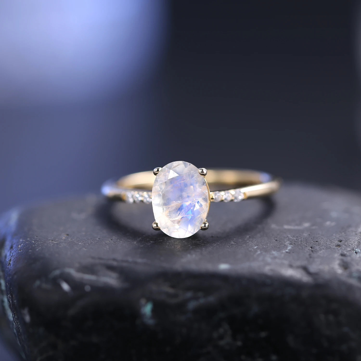 

GEM'S BALLET 18K Gold 925 Sterling Silver Gemstone Ring 1.29Ct Oval Cut Milky Blue Moonstone Engagement Rings For Women