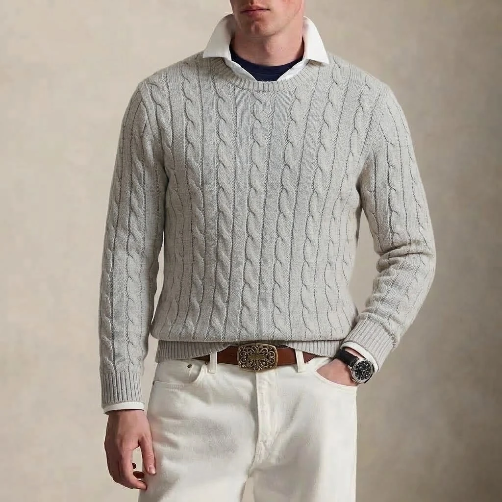 Herren-Pullover im Vintage-Stil mit Zopfmuster, Rundhalsausschnitt, Herbst, Langarm, Strickoberteil, lässig, Business, warm, Winterpullover, Kleidung – Detail 9
