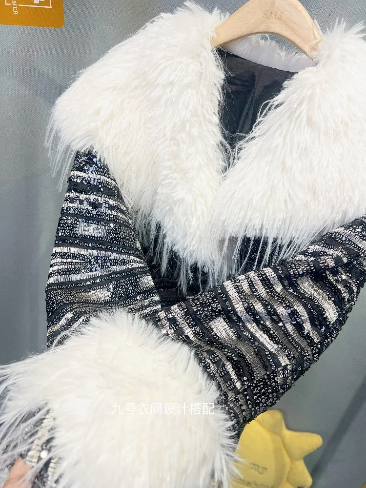 2025 Winter New European Style Faux Fur Coat Lady Fashionable Korean Version Heavy Sequin Loose Short Coat for Women