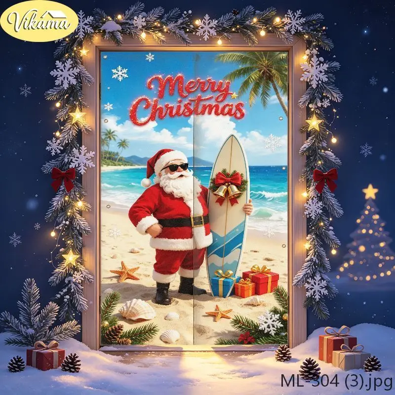 VIKAMA Christmas Door Curtain Christmas Archway Lights Red Bow Snow Door Hanging Home Winter Holiday Decor