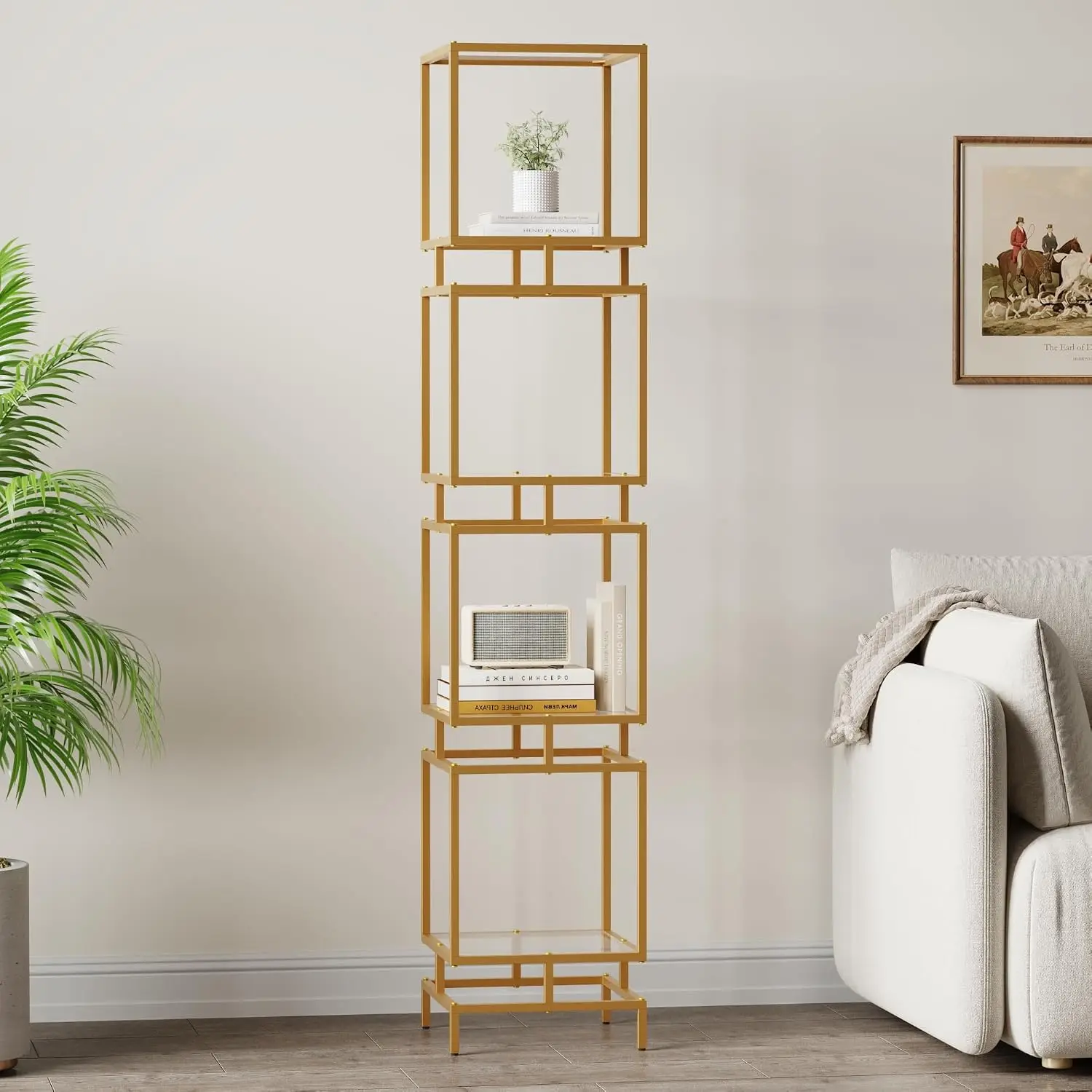 4-Tier Glass Shelf, Metal Storage Rack with Tempered Glass, Modern for Living Room Bathroom Kitchen, Gold, Customized