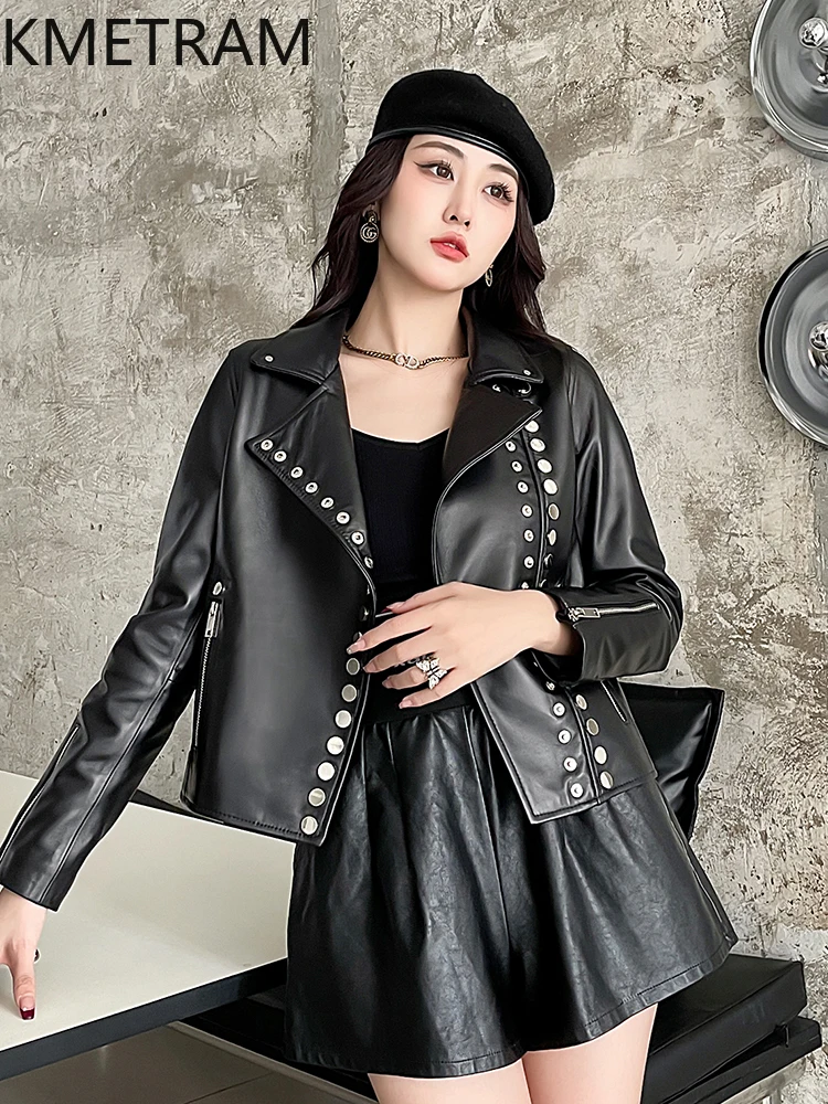 100% トップ層のシープスキンジャケット女性黒ショート本革ジャケットオートバイアウター秋服 2025 女性 정품급