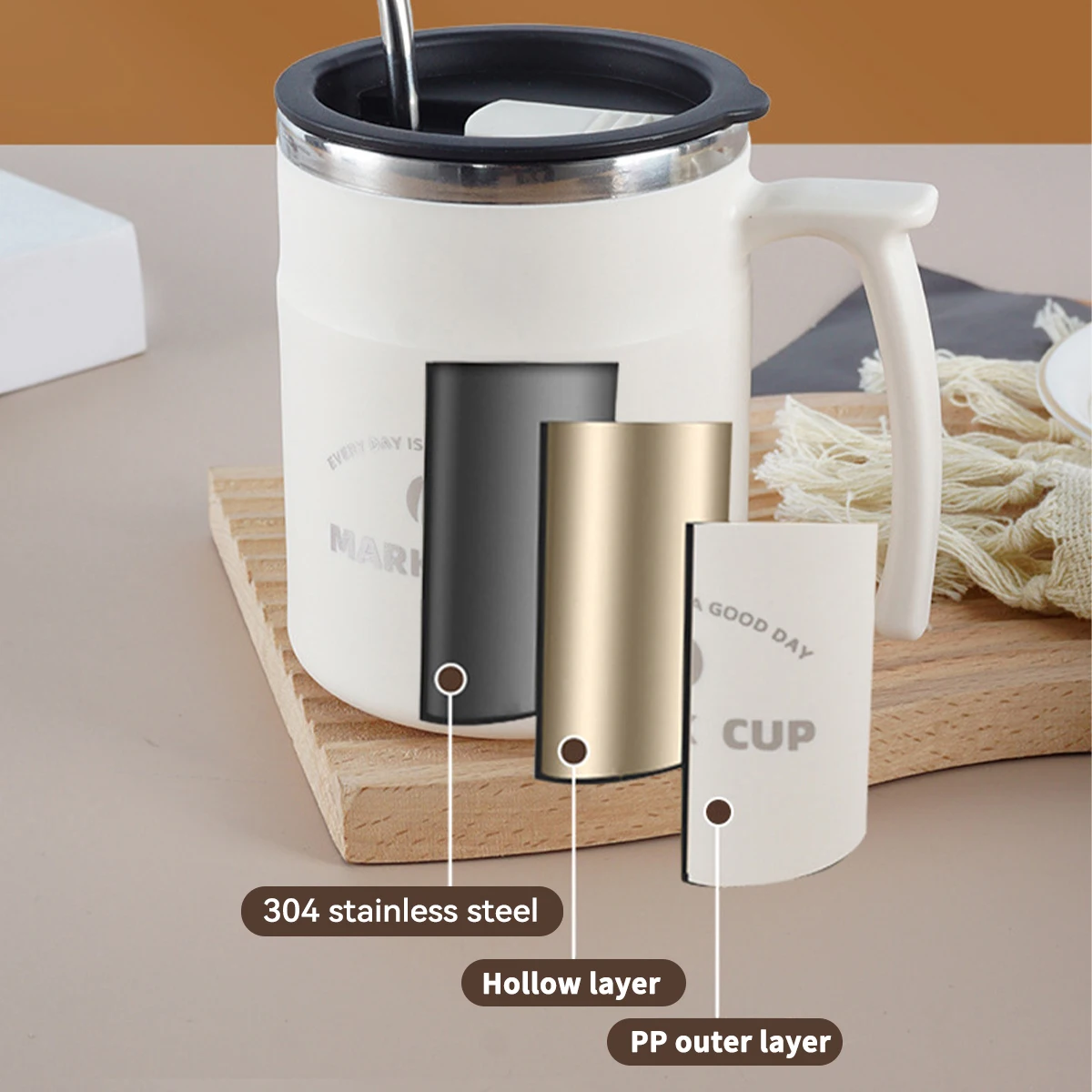 كوب قهوة معزول على الحائط مزدوج 500 مللي مع مقبض للمكتب المدرسي 304 كوب شرب مختوم من الفولاذ المقاوم للصدأ أدوات للشرب المحمولة ﻿