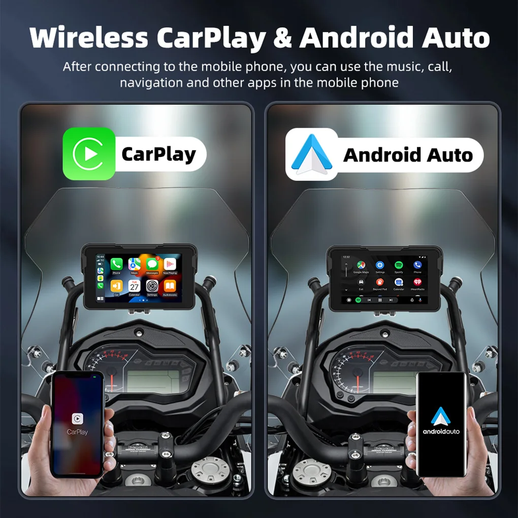 لوحة قيادة رقمية محمولة للدراجات النارية مقاس 5 بوصات لاسلكية CarPlay Moto Android Auto GPS شاشة عرض تعمل باللمس للملاحة للدراجات النارية