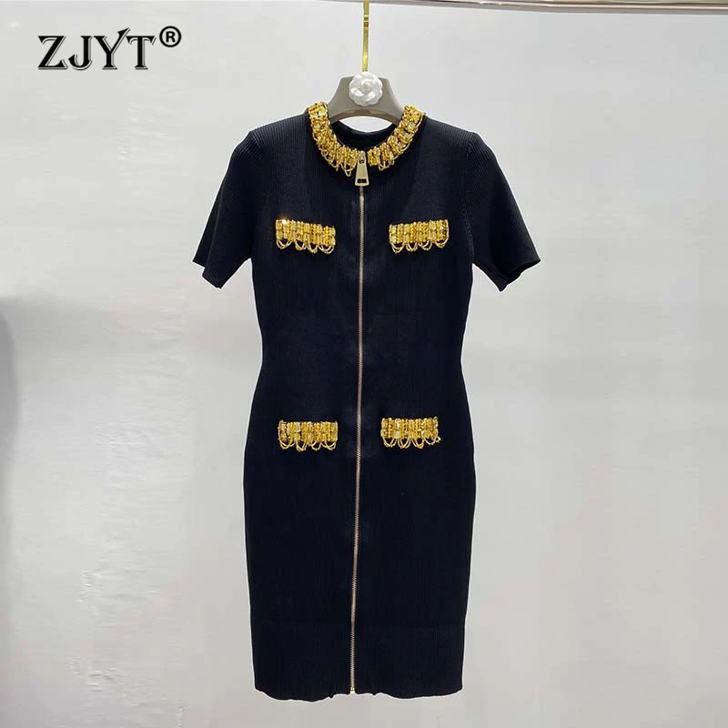 

ZJYT Elegant Luxury Beading Knitting Sweater Dresses for Women Autumn Fashion Slim Fit Bodycon Sheath Party Dress Feminino Robe