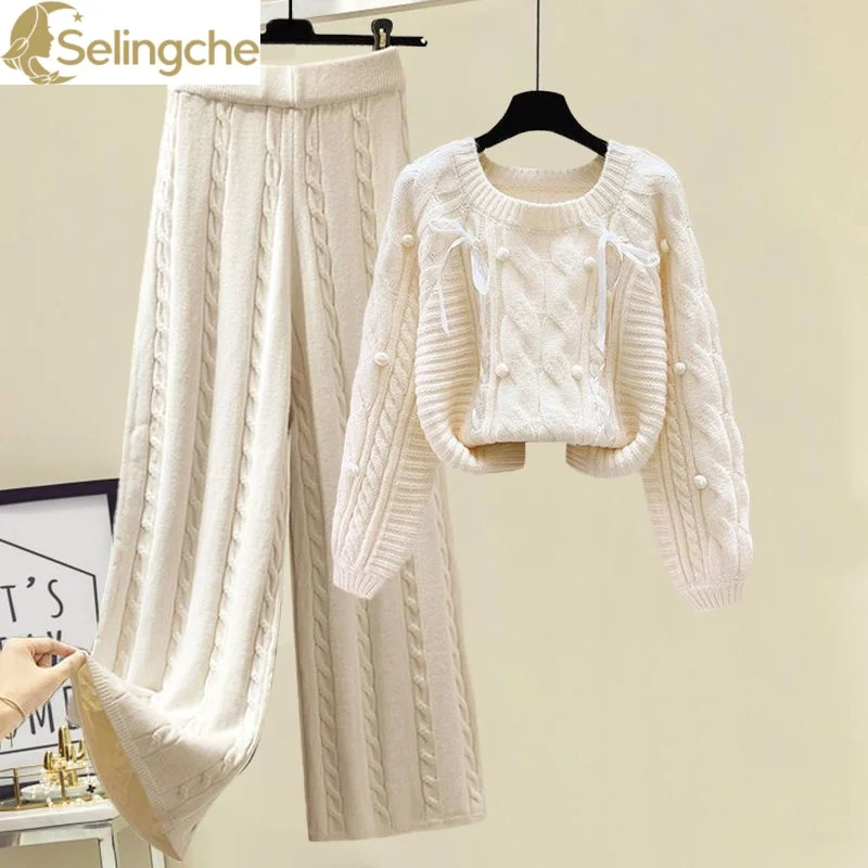 

Winter New Round Neck Long Sleeve Knitted Sweater Fried Dough Twists Knitted Wide Leg Pants Two Piece Elegant Women's Pants Set