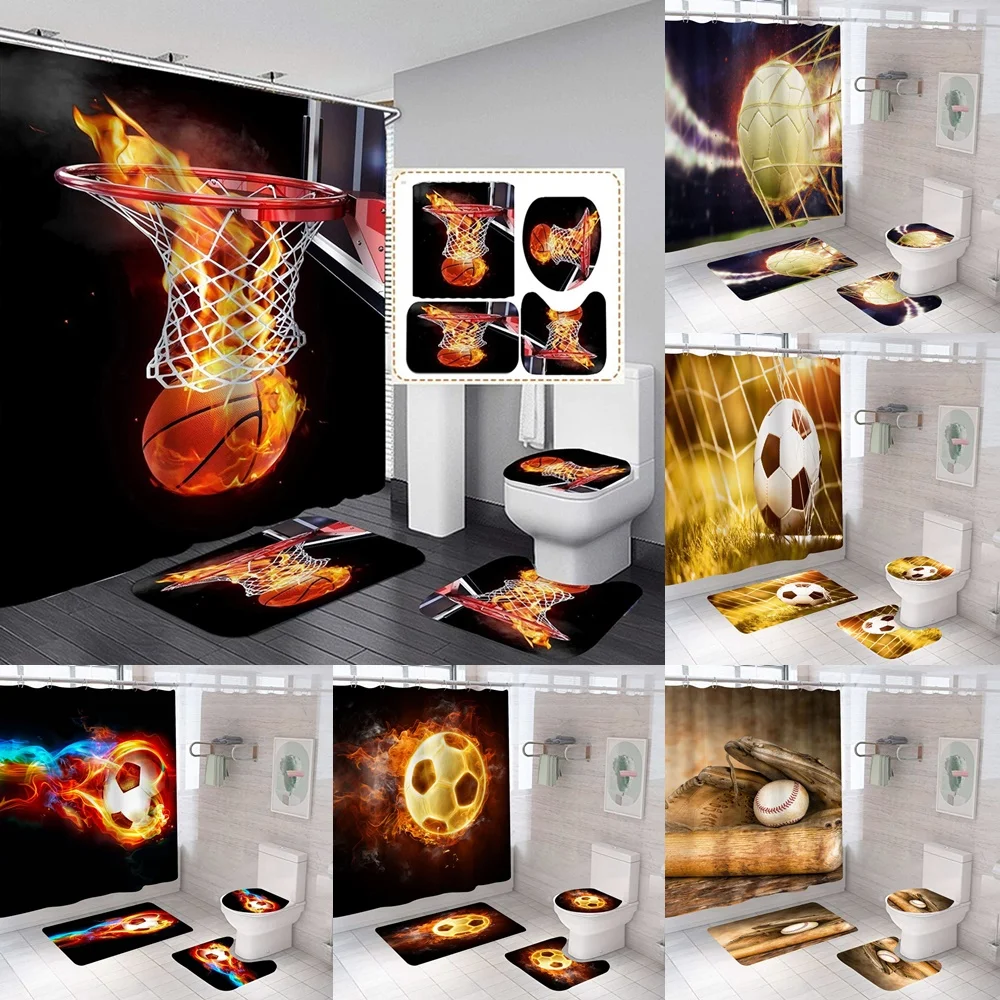 Basketball Shower Curtain Sets Boys Sports Football On Fire Bathroom Curtains with Non-Slip Toilet Lid Cover Rug Baths Mats Home