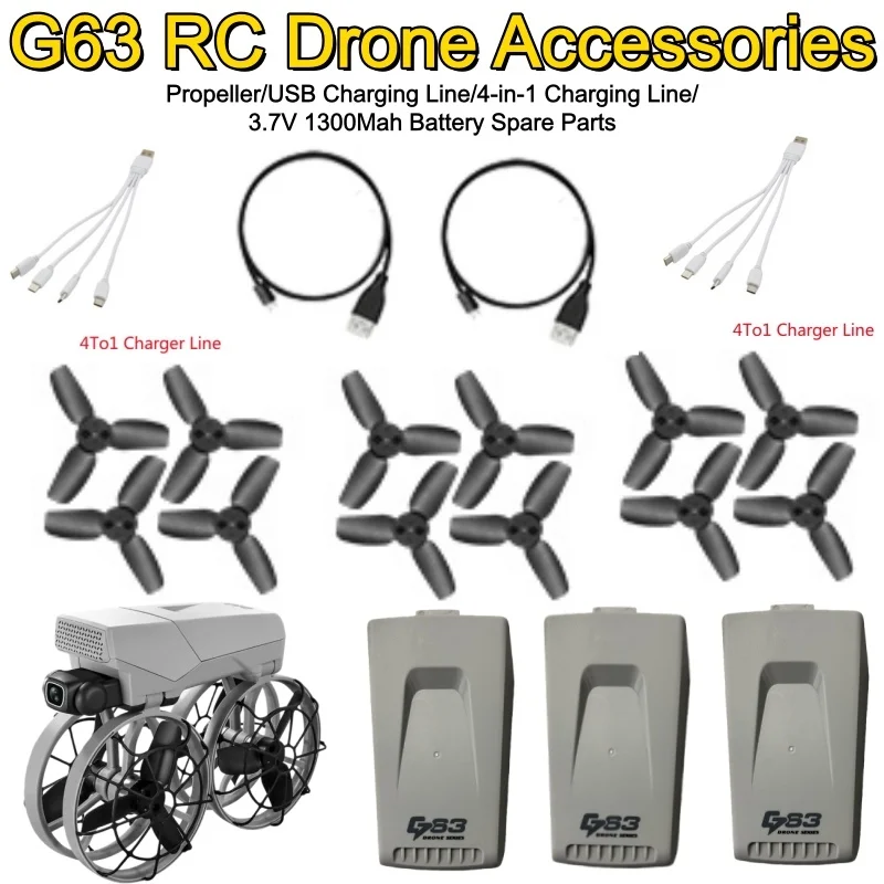 

G63 аксессуары для радиоуправляемых дронов, пропеллер, USB-линия для зарядки, линия зарядки 4-в-1, 3,7 В, 1300 мАч, запасные части для аккумулятора для G63 Drone