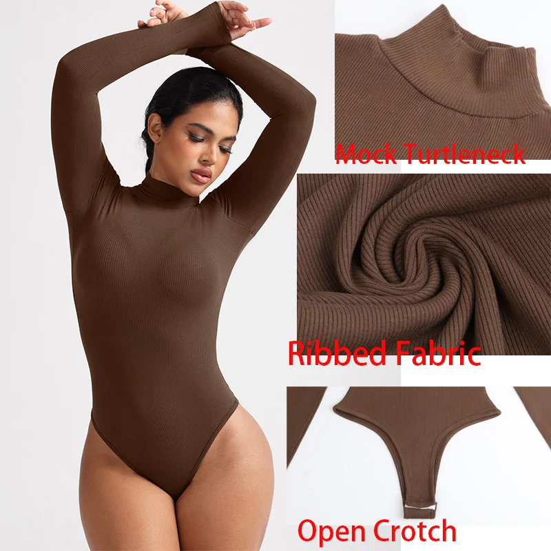 Dimmkof Turtle Neck Shapewear Long Sleeve Womens Stretchy Long Sleeve Turtleneck Ribbed Knit Fitted Basic Bodysuit Shirt Leotard