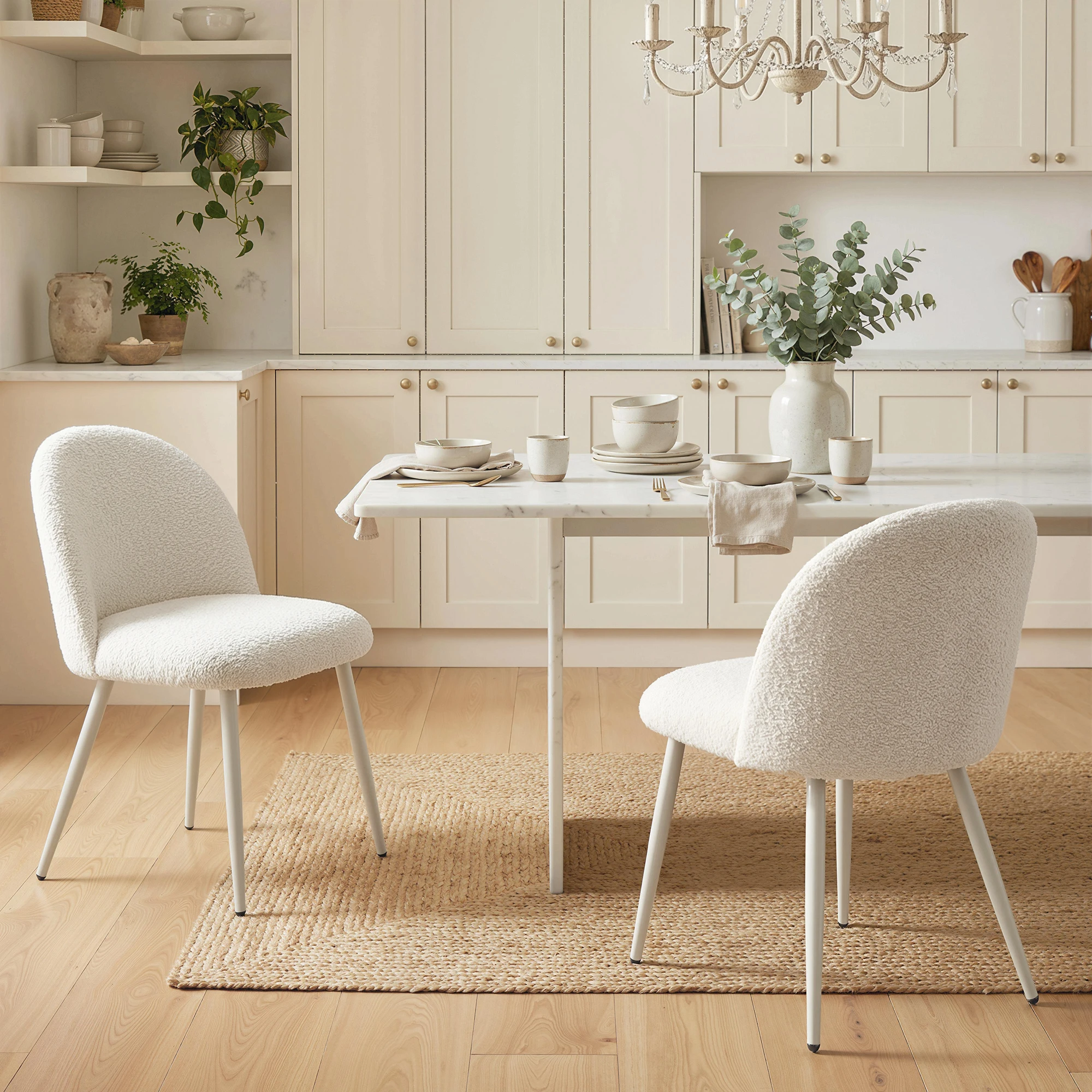 HOMCOM Esszimmerstühle 2er Set Küchenstuhl mit Rückenlehne, Chenille-Optik, Skandi Polsterstuhl mit Metallbeinen, Schminkstuhl für Esstisch, Essstuhl für Wohnzimmer, Esszimmer, Cremeweiß