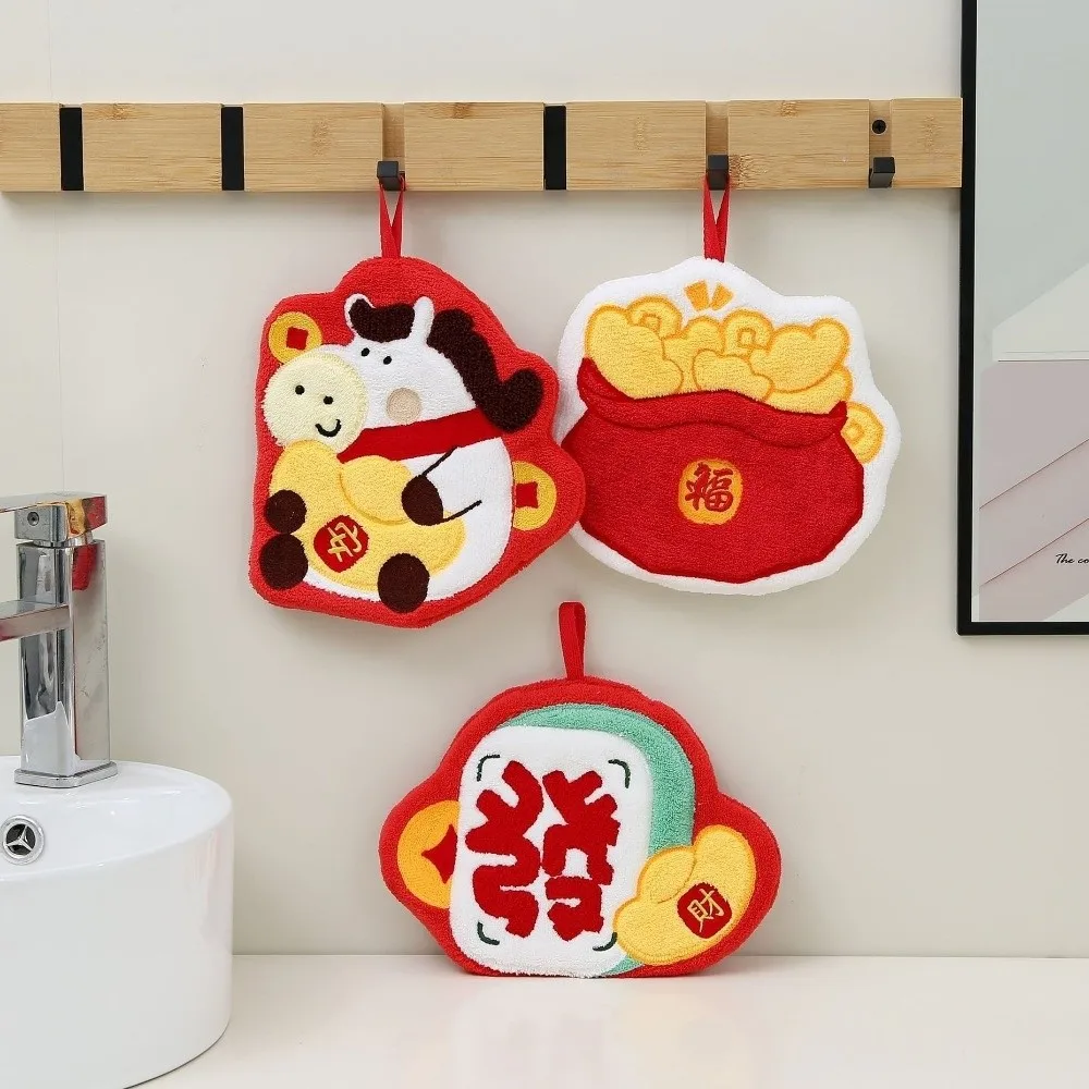 

Праздничное быстросохнущее мультяшное полотенце для рук, впитывающее подвесное впитывающее полотенце, утолщенное благословение, подвесная ткань на удачу, для использования в ванной комнате