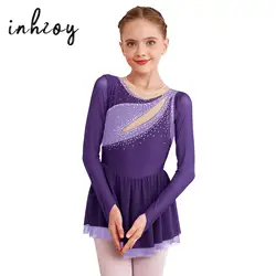 Vestido de patinaje sobre hielo para niños y niñas, leotardo de empalme de tul de malla con diamantes de imitación, tutú de bailarina, Ropa de baile