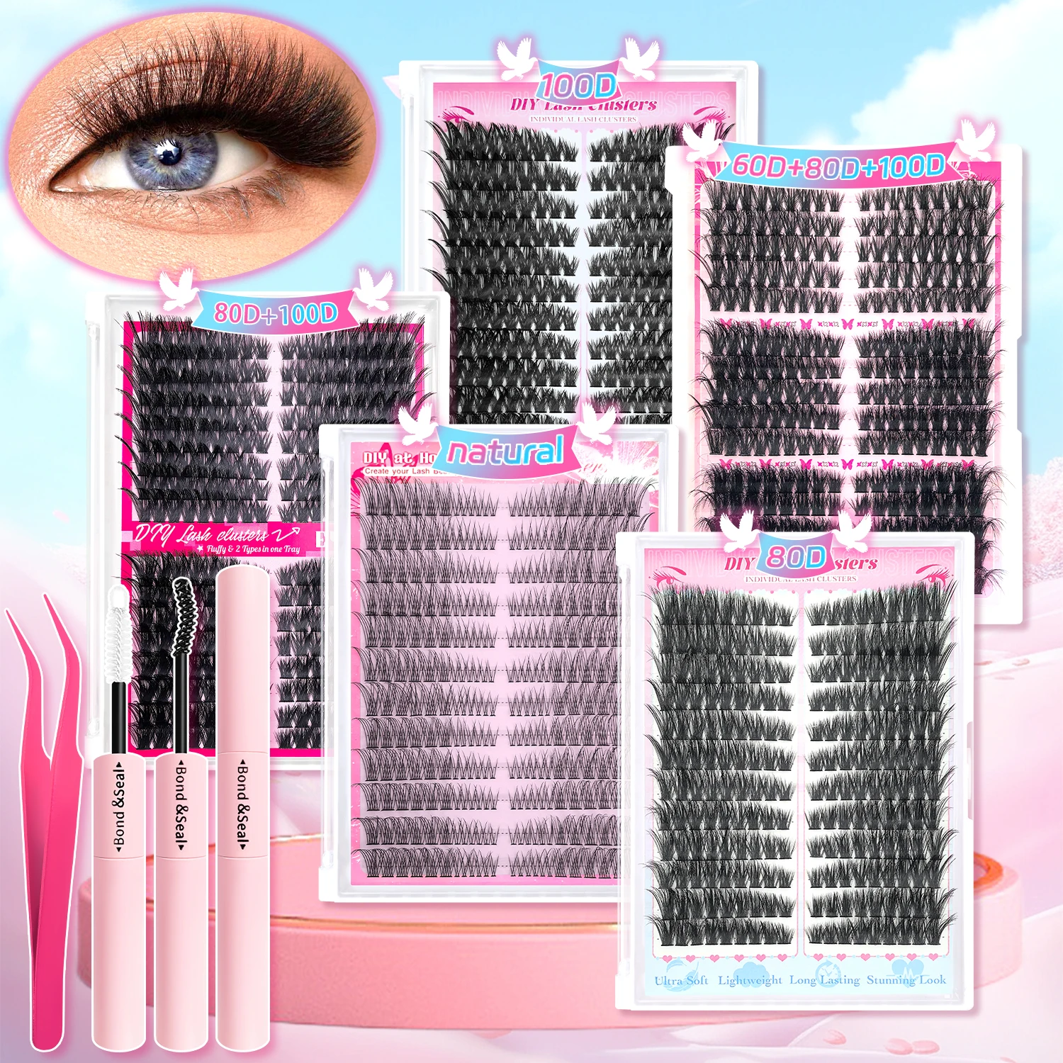 مجموعة الرموش الصناعية المكثفة الدرامية 60D-100D ثلاثية الأبعاد! رموش عين القطة الرقيقة مع أدوات مكياج للعين على طراز الرسوم المتحركة