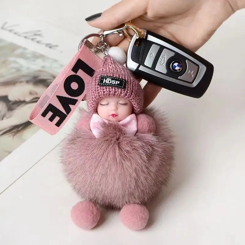 100% real fox hair sleeping doll Car keychain pendant cute action doll Ladies bag pendant cute mobile phone pendant  hair ball