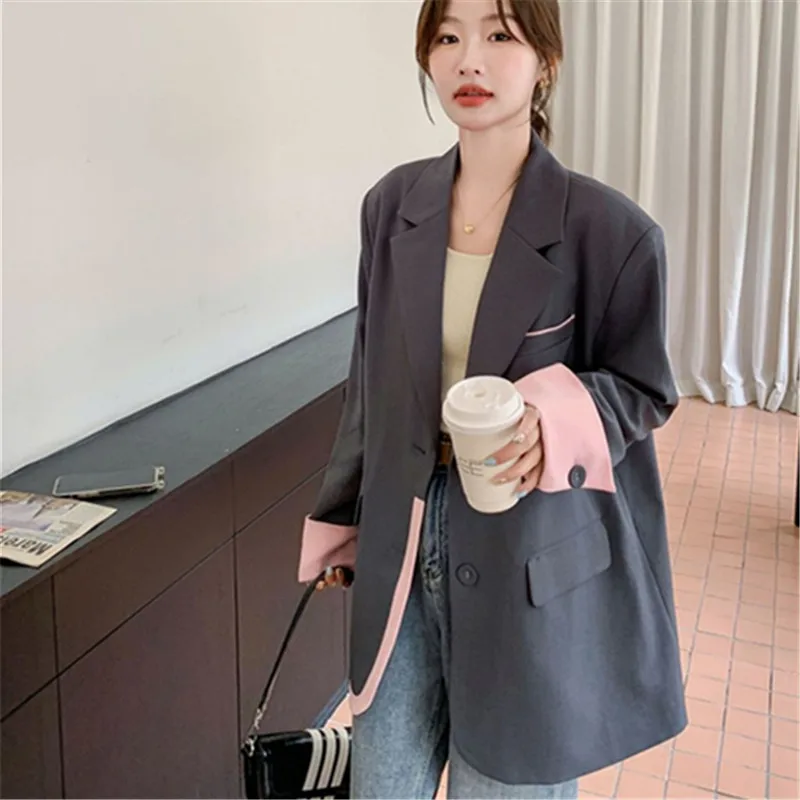 Chaqueta de traje gris para mujer, chaqueta holgada de manga larga con costuras contrastantes, prendas de vestir exteriores para primavera y otoño 2025