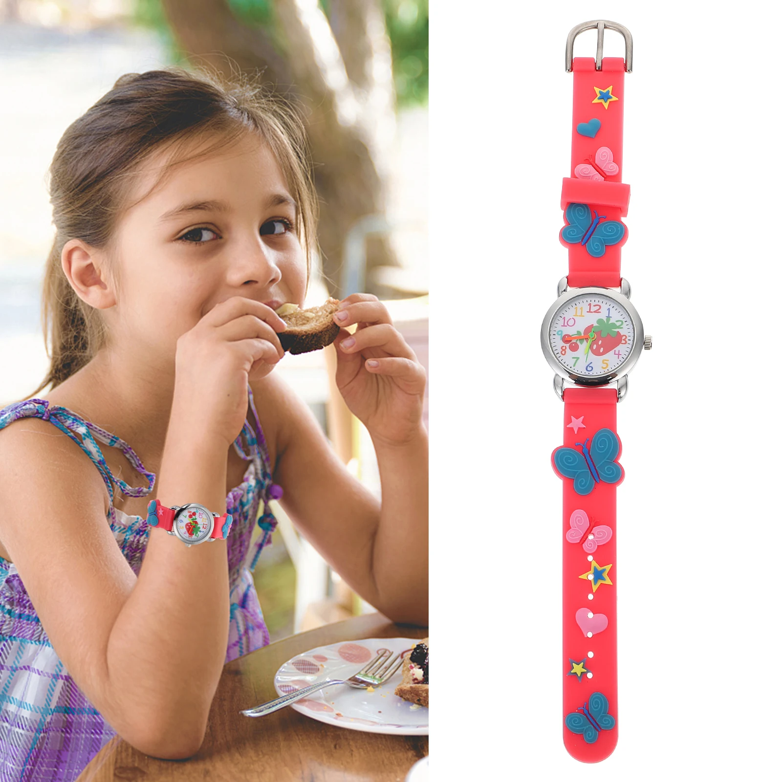 1 個電子時計 3D 蝶フルーツパターンシリコン腕時計防水かわいい漫画愛らしい